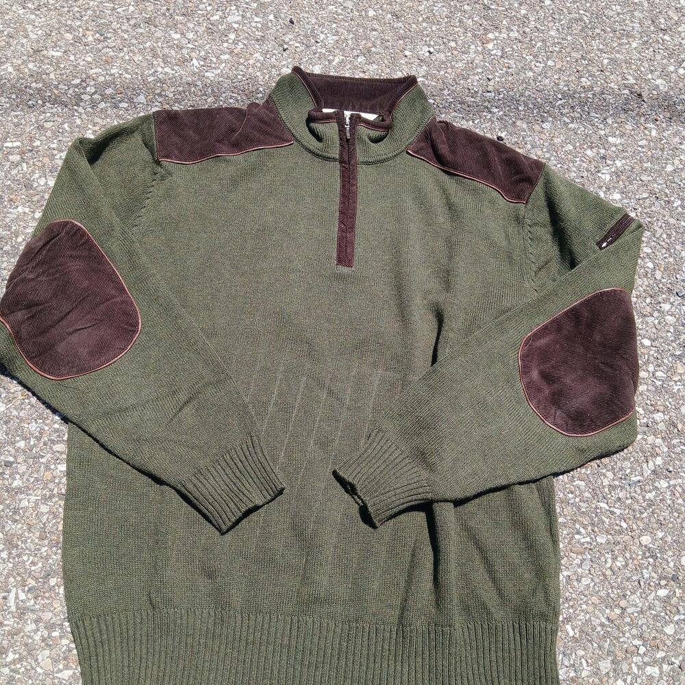 Orvis Sweater Mens Medium Green 1/4 Zip Mock Neck Hunting Pullover Elbow Patches